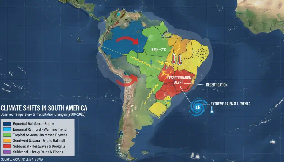 Mapa do Brasil com zonas climáticas e indicadores de mudanças de temperatura e precipitação.