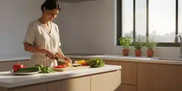 Mulher sorrindo enquanto prepara uma refeição saudável e colorida em uma cozinha moderna, simbolizando a alimentação consciente no Brasil.