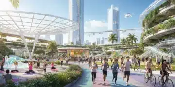 Pessoas de diversas idades praticando atividades físicas em um parque moderno no Brasil em 2026, com elementos de tecnologia e sustentabilidade ao redor.