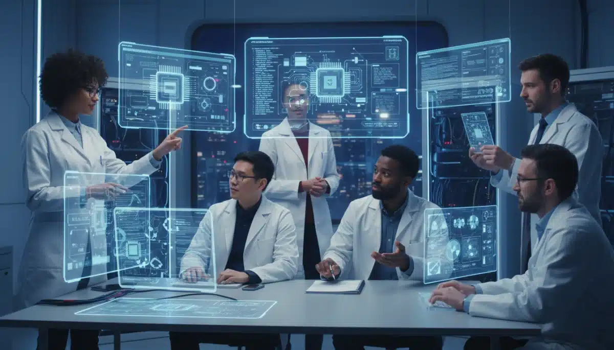 Equipe de pesquisadores brasileiros colaborando em um laboratório de computação quântica, desenvolvendo hardware e software avançados.