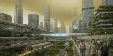 Paisagem urbana futurista no Brasil em 2026 com poluição do ar e pessoas usando máscaras.