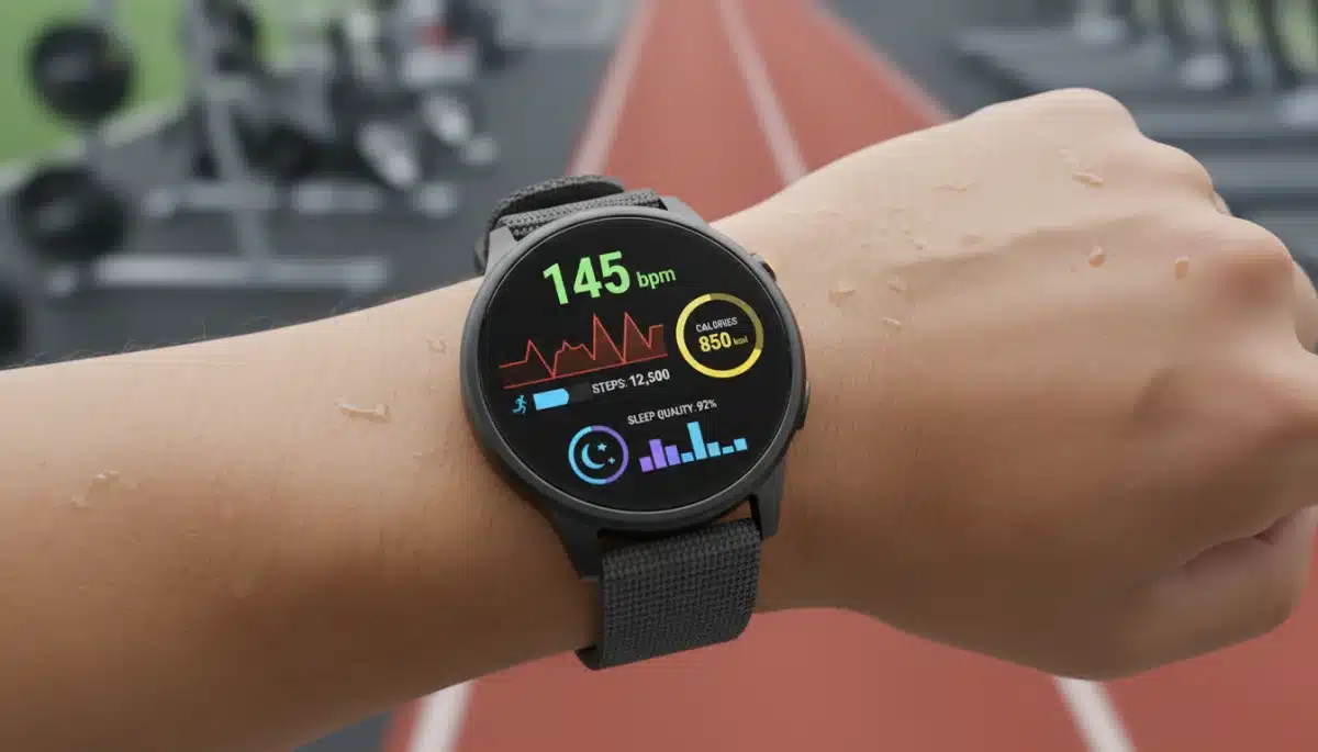 Smartwatch exibindo métricas de desempenho e saúde para monitoramento de treino.
