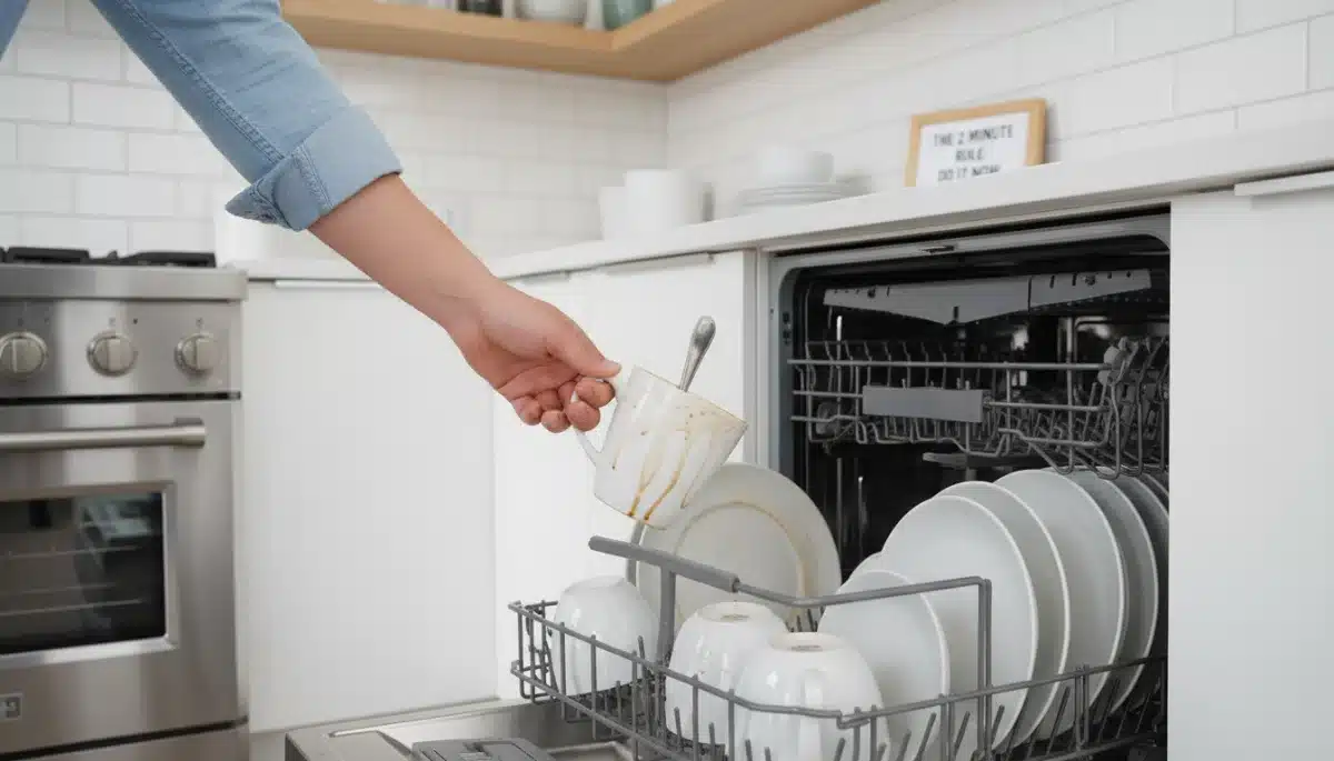 Hand placing a dirty mug into a dishwasher, illustrating immediate chore action.