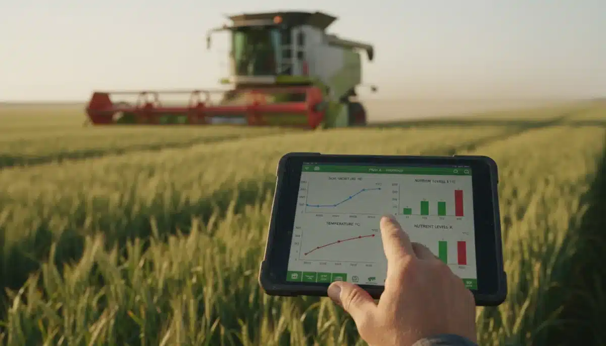 Mão de agricultor segurando tablet com dados em tempo real de sensores IoT, mostrando um dashboard de monitoramento de lavoura.