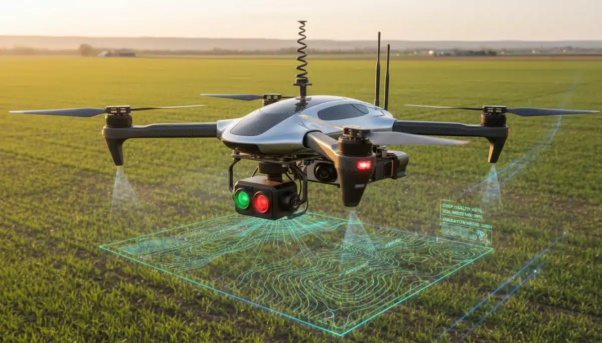 Agricultural drone precisely monitoring crop health in a large field
