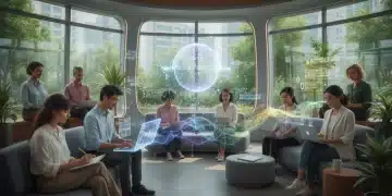 People interacting with digital devices, highlighting AI's influence on digital well-being