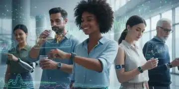 Futuristic AI health wearables on diverse individuals, showcasing proactive monitoring capabilities.