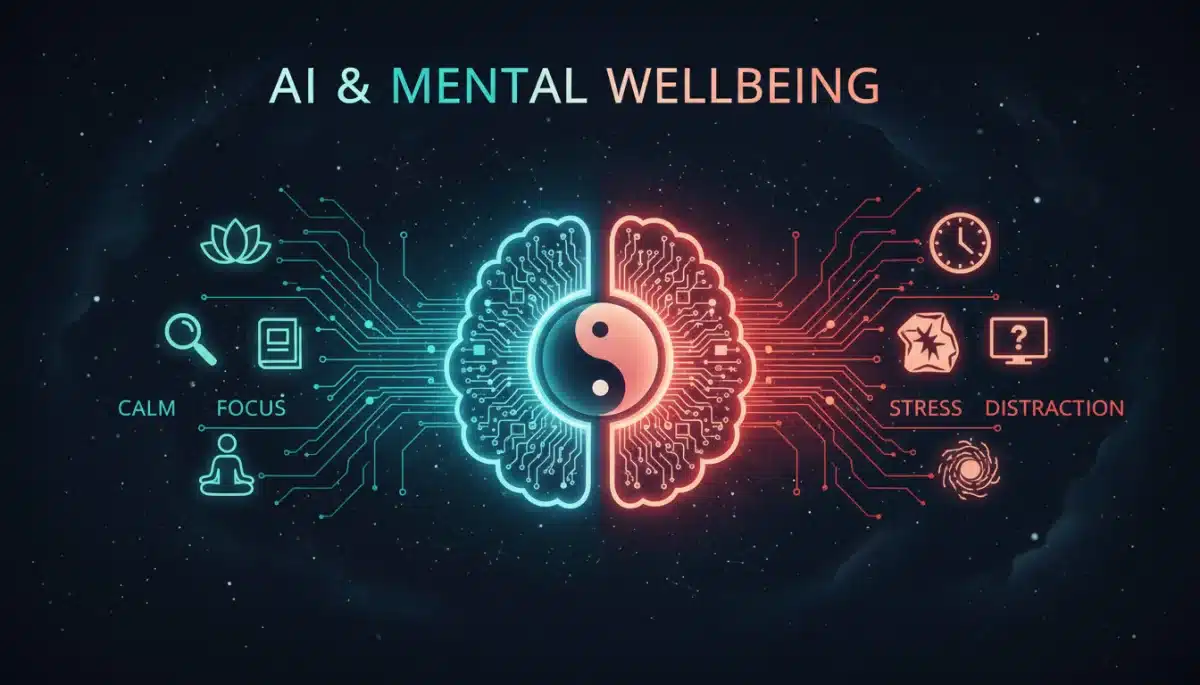 Graphic depicting AI's dual impact on mental health and digital connection