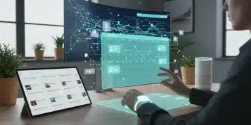 Futuristic desk with AI-powered personal organization tools and holographic interfaces