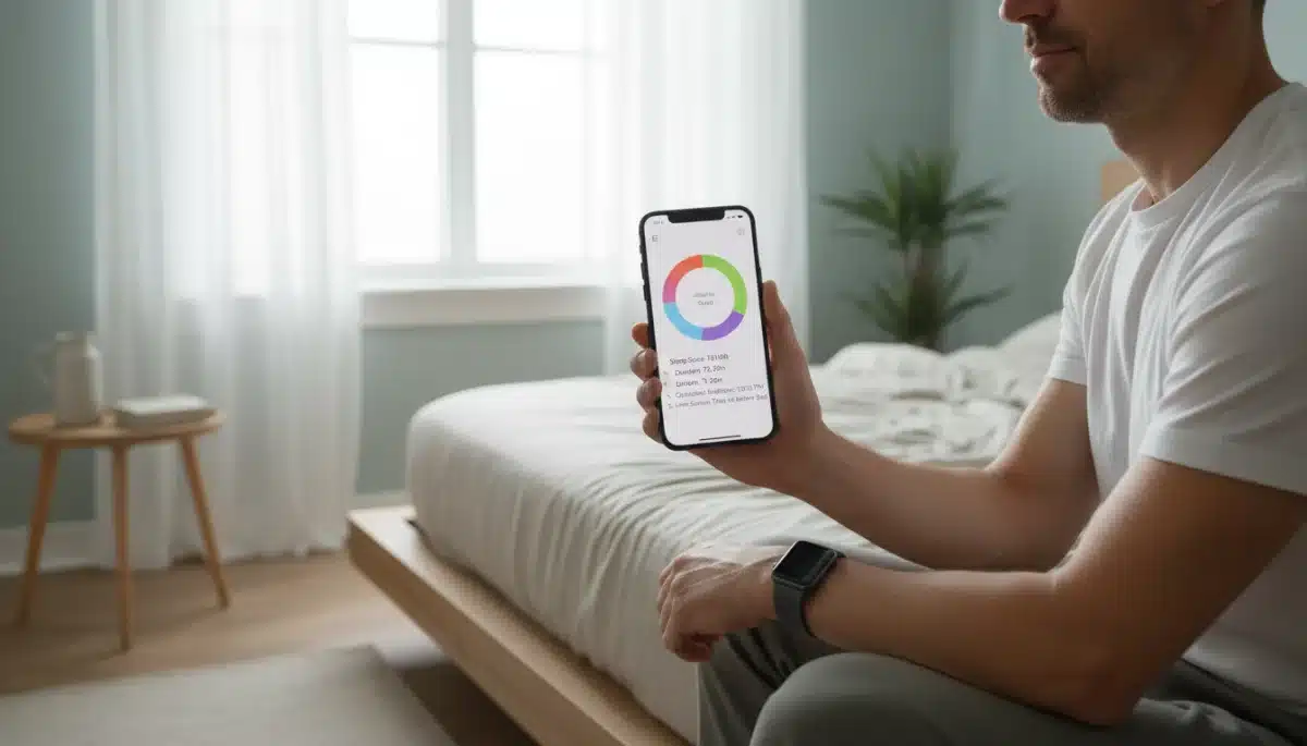 Pessoa analisando dados de sono em smartwatch e celular, com dicas personalizadas para melhorar o descanso.