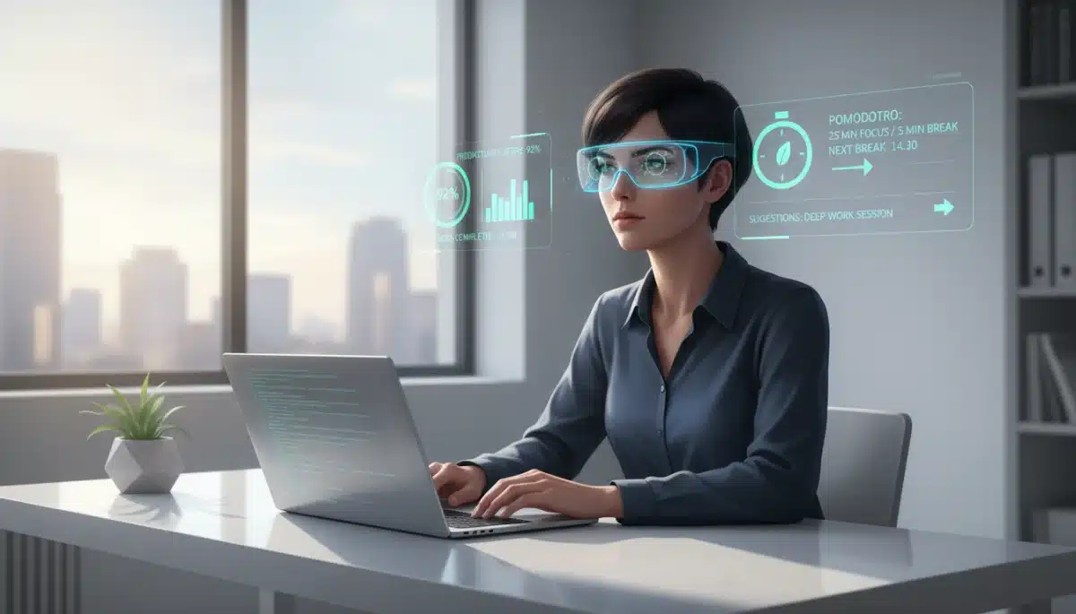 Person using augmented reality for real-time productivity tracking and optimized Pomodoro intervals.