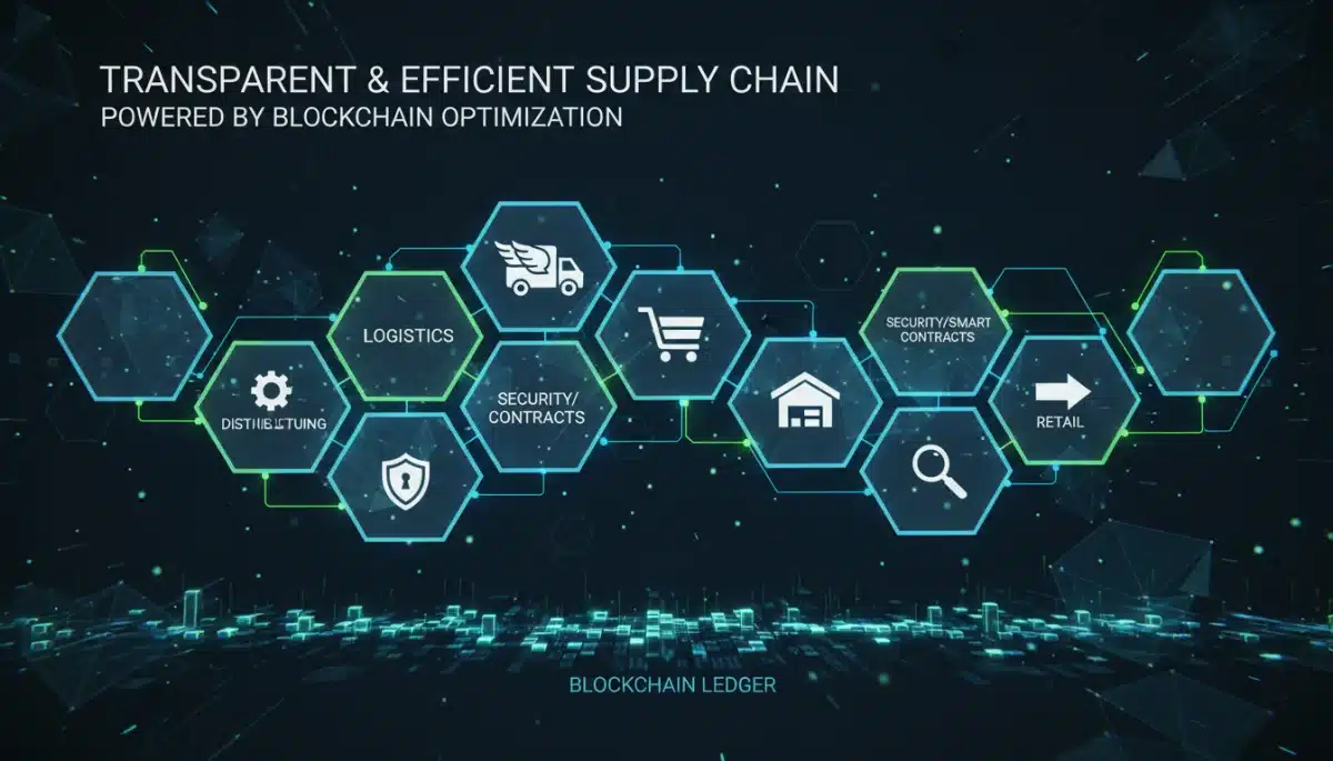 Blockchain-powered transparent supply chain network illustration
