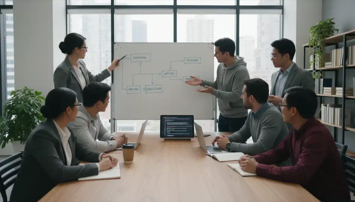 Diverse team collaborating on a DAO smart contract and governance structure, symbolizing strategic planning and development.