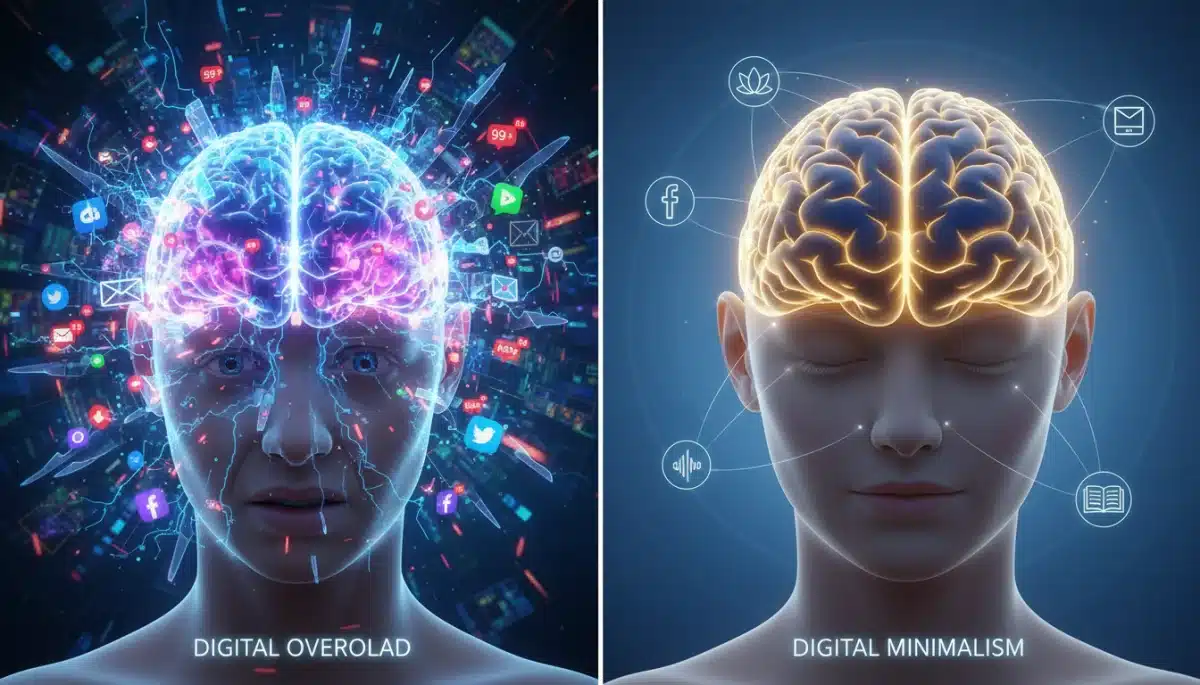 Brain overloaded with digital notifications versus a clear, focused brain