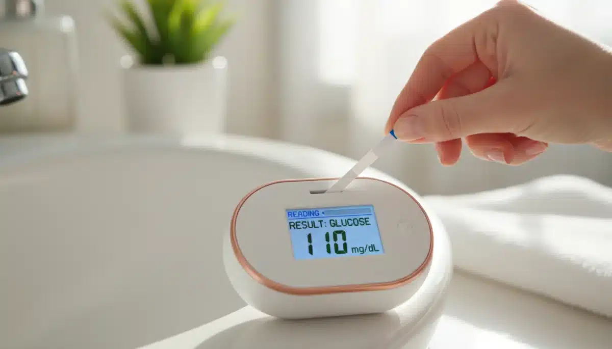 Hand inserting test strip into digital home diagnostic device