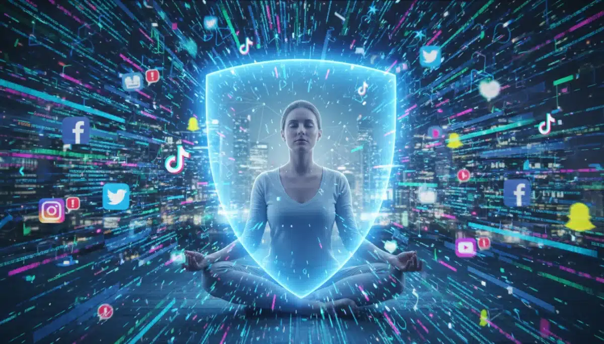 Visualizing digital distractions and the challenge of maintaining focus amidst constant digital noise.
