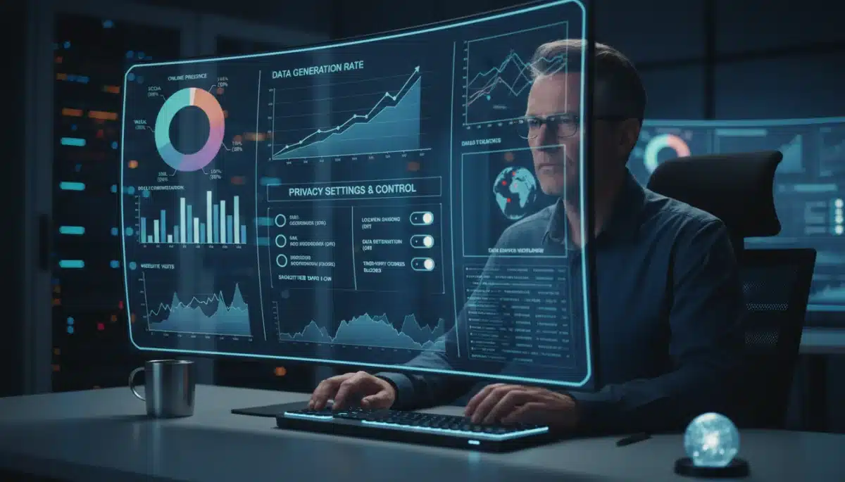 Individual analyzing complex digital footprint analytics and privacy settings on a computer screen