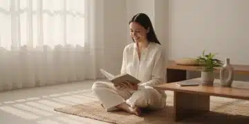 Person practicing digital minimalism in a calm, modern setting with a book and a phone