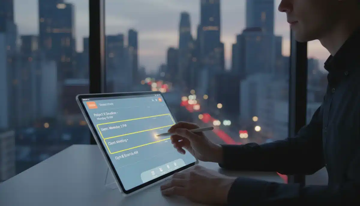 Person efficiently managing digital weekly schedule on a tablet