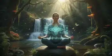 Person meditating with subtle digital overlay, symbolizing digital well-being