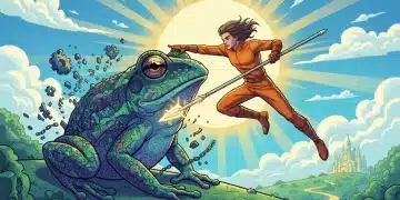 Person tackling a giant frog, symbolizing overcoming difficult tasks first for productivity