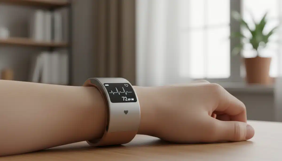 Close-up of a wearable ECG device displaying heart rhythm data