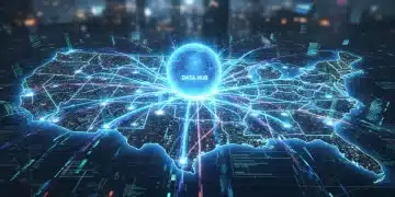 Futuristic network showing edge computing enhancing data processing for US businesses