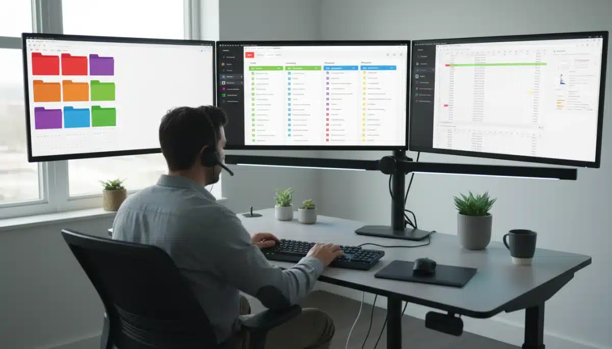 Efficient digital workflow with multiple screens and organized applications.