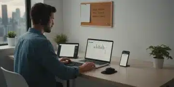 Organized professional efficiently managing tasks on multiple screens