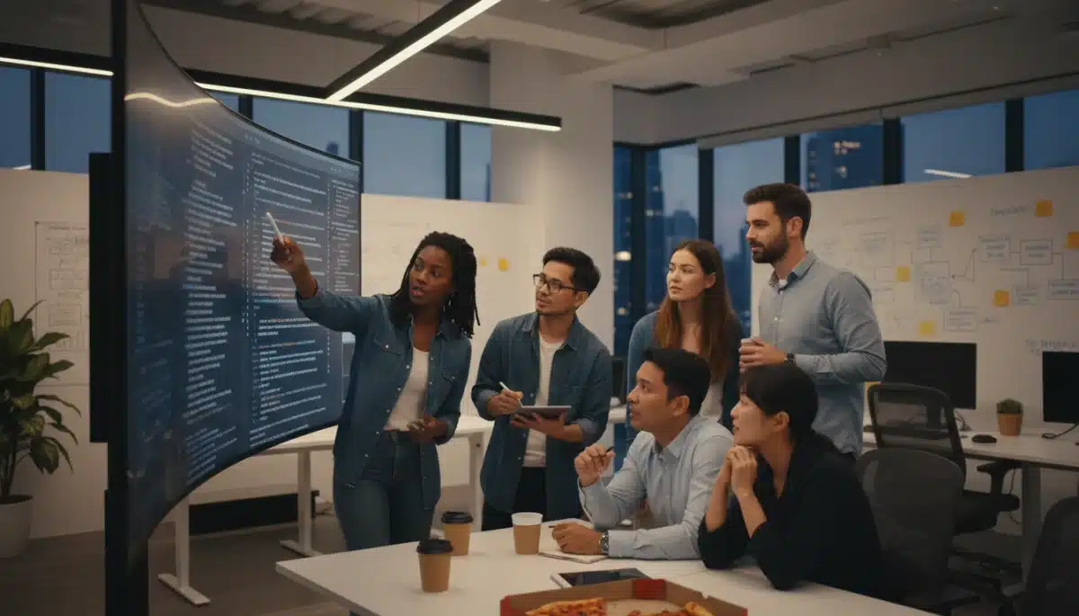 Equipe de desenvolvedores de software colaborando em um projeto complexo.