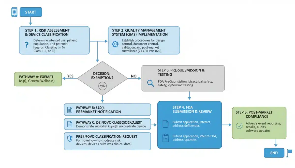 Flowchart detailing the FDA compliance journey for digital health app developers, from risk assessment to submission.