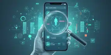 Illustration of a smartphone with a health app, under a magnifying glass, representing FDA scrutiny of digital health regulations for developers.