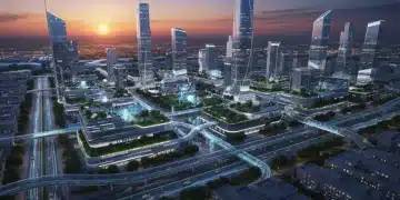 Futuristic American smart city skyline at dusk with integrated technology