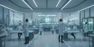 Futuristic lab with scientists analyzing biotech data on holographic screens