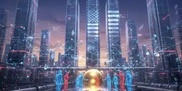 Futuristic cityscape with glowing decentralized network nodes and holographic figures collaborating, symbolizing a DAO for US innovators.