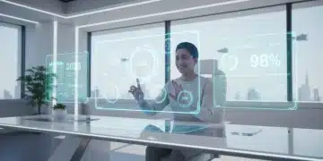Futuristic digital workspace with organized holographic screens and a productive user.