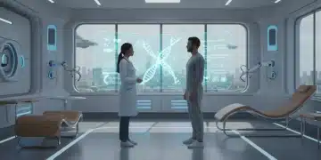 Futuristic personalized medicine clinic with genomic data display