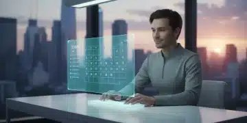 Futuristic desk setup with holographic productivity tools, person focused