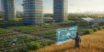 Futuristic vertical farms with LED lighting and agricultural drones ensuring US food security