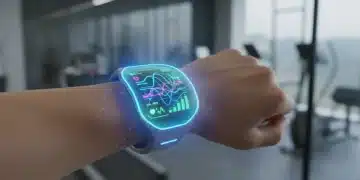 Futuristic wearable device on wrist showing advanced health metrics