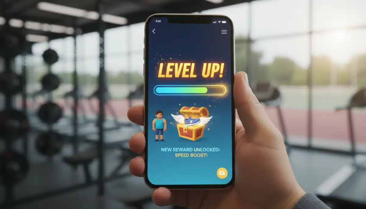 Smartphone displaying a gamified fitness app interface with progress and rewards