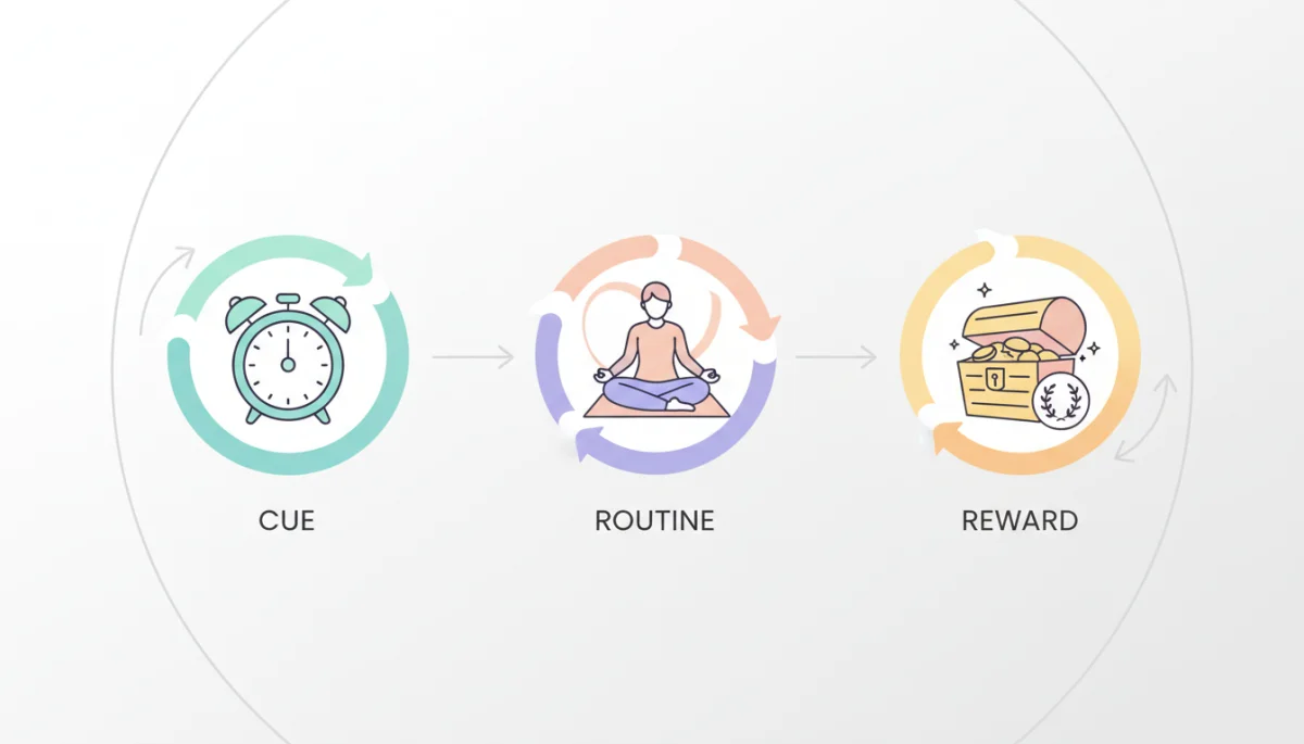 Diagram illustrating the habit loop: cue, routine, reward for habit formation.