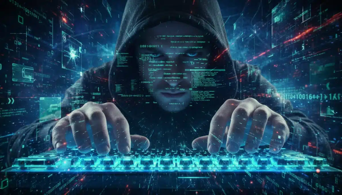Hacker typing on a keyboard, with code lines reflecting on their face, illustrating a complex digital attack.