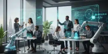 Professionals collaborating with AI and robotics in a modern US office