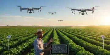 Campo agrícola brasileiro moderno ao amanhecer, com sensores IoT e drones monitorando lavouras. Produtividade e tecnologia no agronegócio.