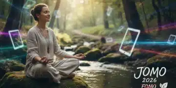 Person enjoying nature, calmly ignoring digital distractions, embodying JOMO.