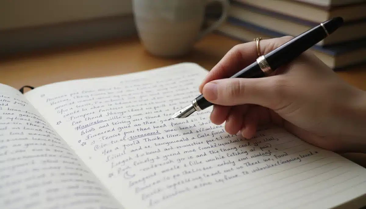 Hand writing in a journal with a pen