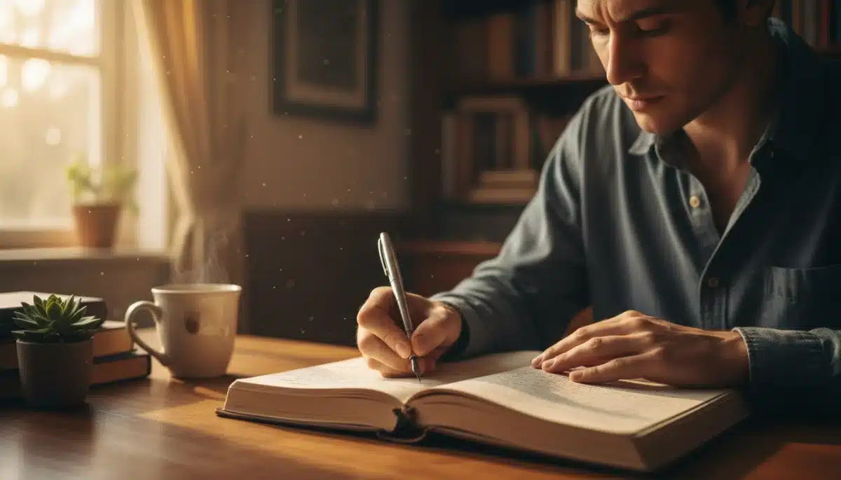 Person journaling in a notebook, promoting self-reflection during a digital detox.