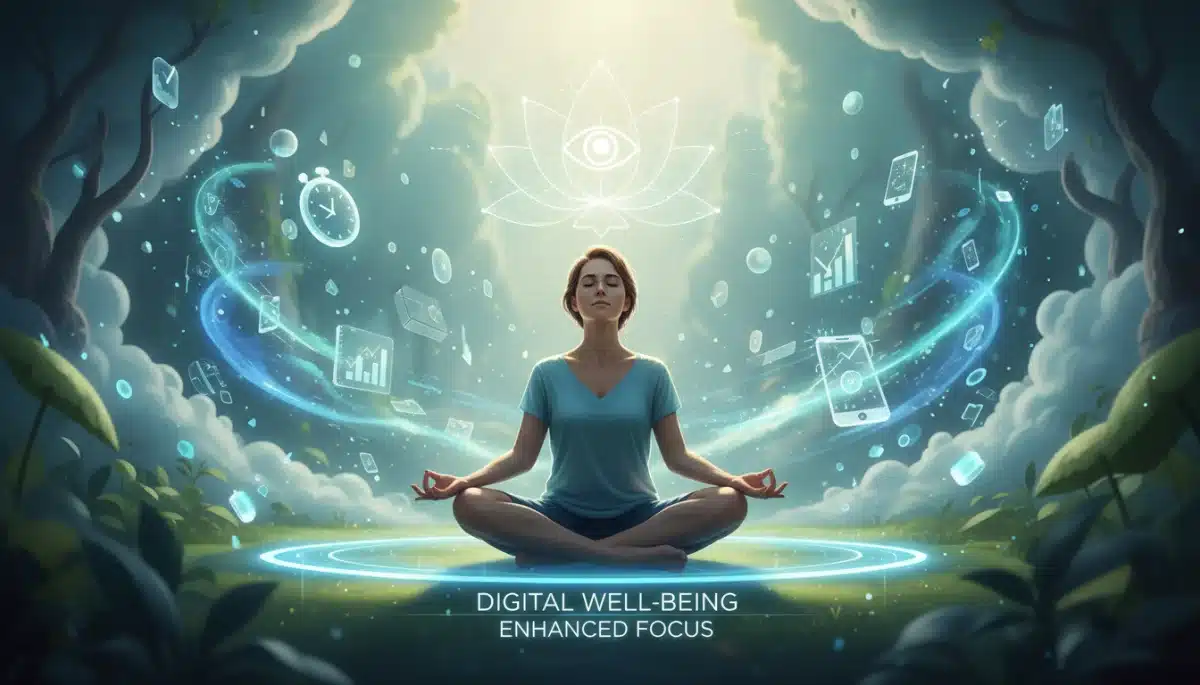 Person meditating with digital well-being benefits represented abstractly
