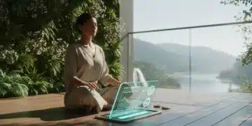 Person meditating with mental wellness app on tablet, outdoor setting